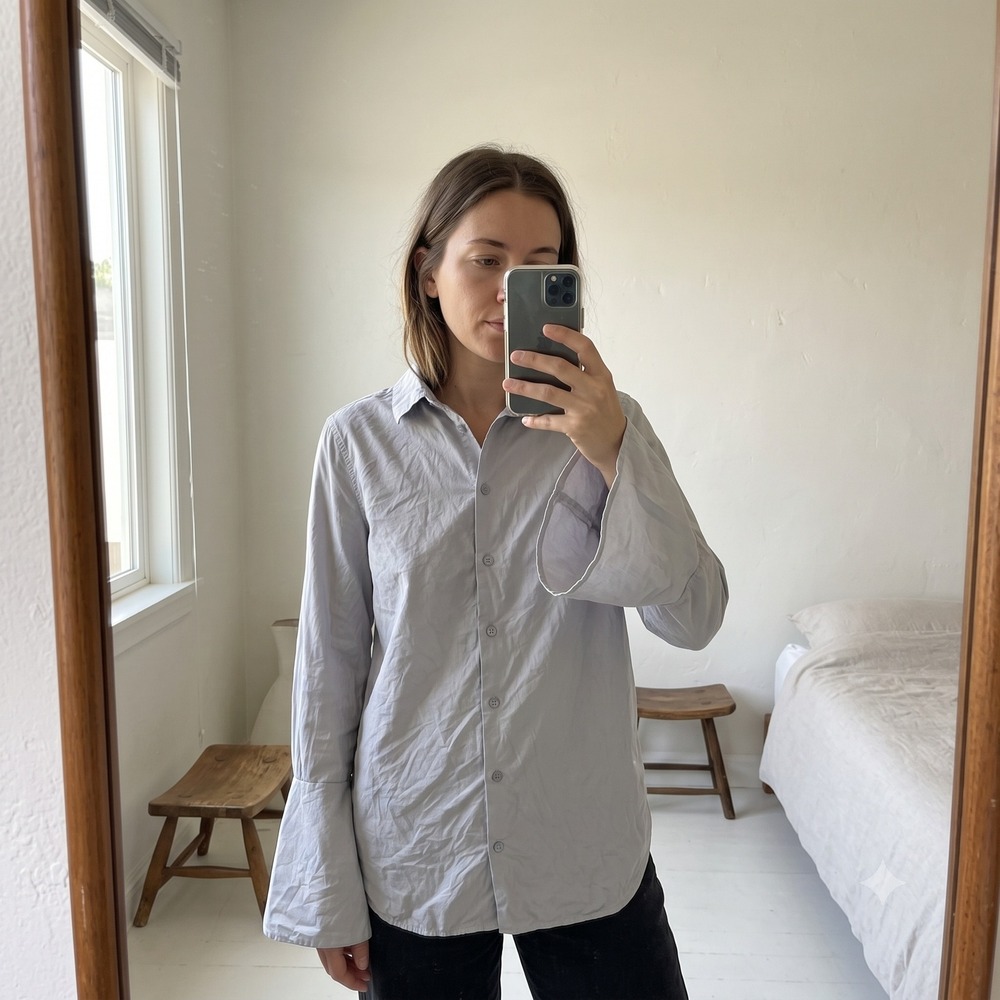 Equipment Womens Top XS Blue Cotton Bell Sleeve Button Down Minimal‎ Officecore